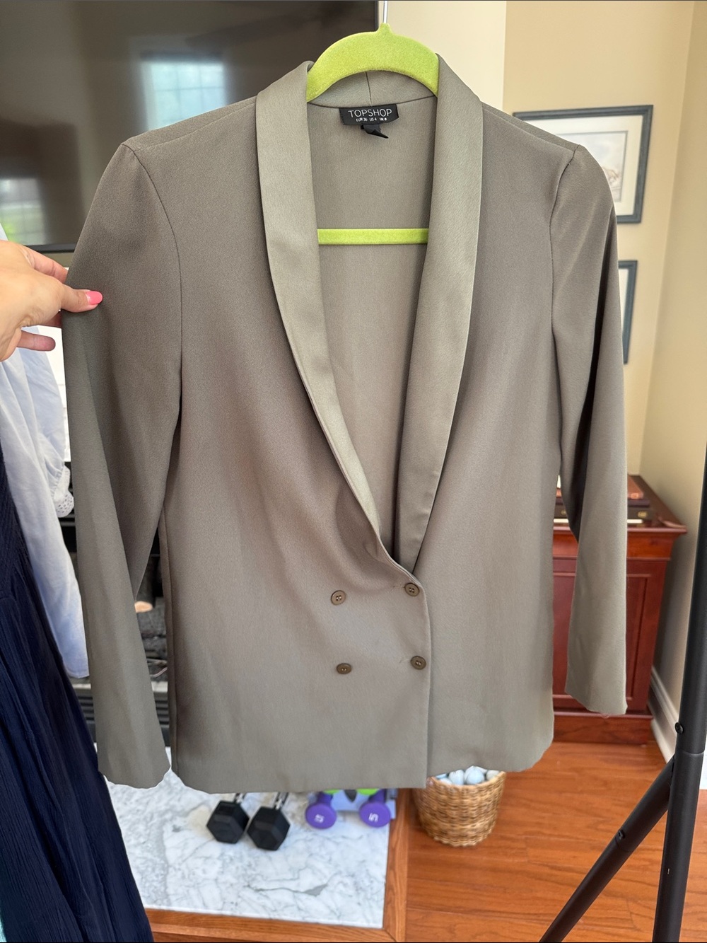 Topshop Olive Green Double-Breasted Satin Lapel Blazer